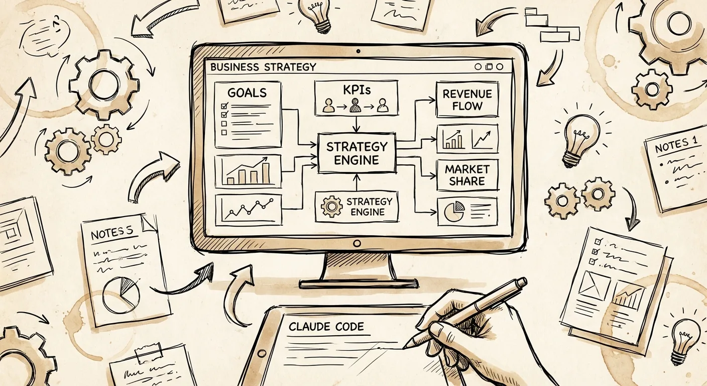 AI-powered business strategy visualization with digital network connections, gears, and light bulbs representing rapid tra...