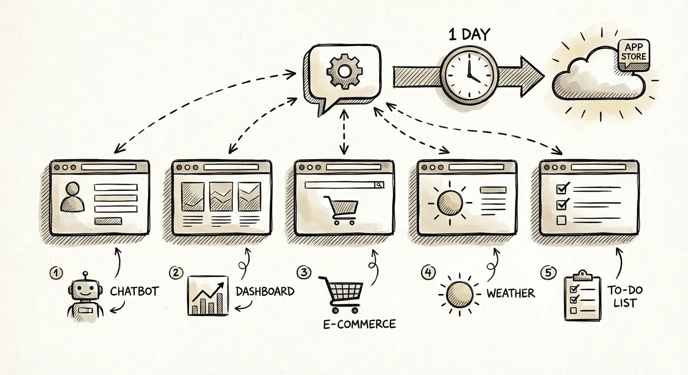 Five colorful web app interface mockups displayed on screens with AI prompt bubbles, showing rapid development process