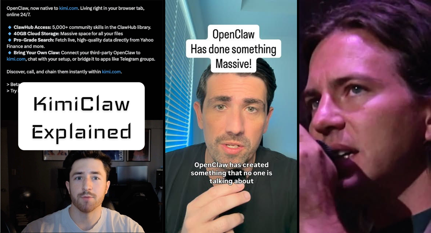 Kimi announces KimiClaw AI agent tool with #vibecoding and #openclaw hashtags on vibeclan.ai website hero image